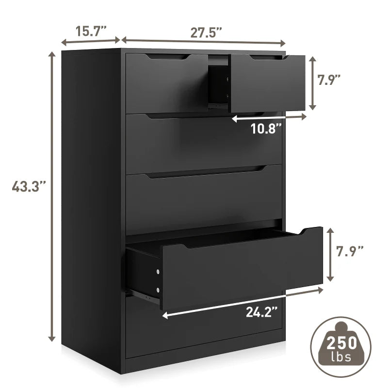 6-Drawer Black Tall Wood Dresser 43.3"H Vertical Dresser for Bedroom and Entryway-Furniture > Dresser-snhomee