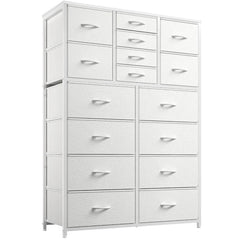 Tall Fabric Dresser for Bedroom with 16 Deep Drawers, Chests of Drawers for Bedroom, Living Room, Wood Top Metal Frame, Storage Drawer for Closet Entryway, Highboy-Furniture > Dresser-White-snhomee
