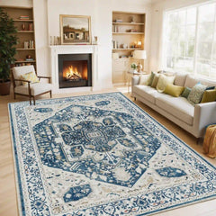 Boho Area Rugs,machine washable area rugs，area rugs for living room, Low Pile Vintage Carpet-3×5: 60"W x 36"D-Blue and Brown-snhomee