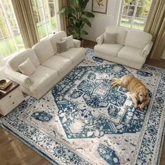 Boho Area Rugs,machine washable area rugs，area rugs for living room, Low Pile Vintage Carpet-3×5: 60"W x 36"D-Blue and Brown-snhomee