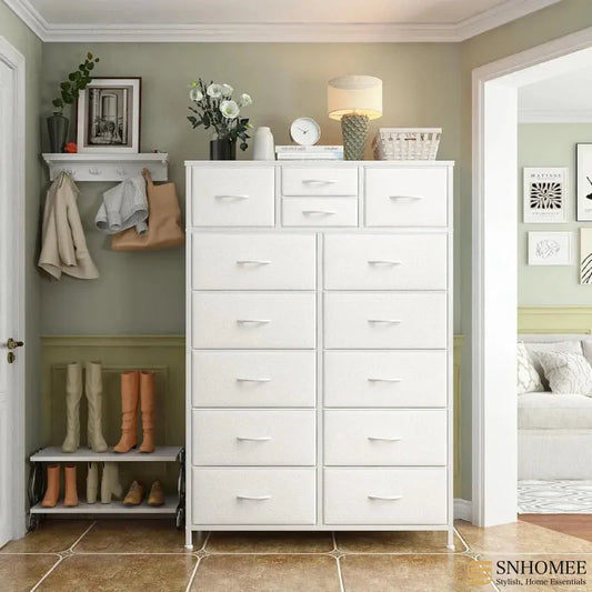 Dresser for Bedroom with 14 Drawers, Tall Dressers for Bedroom, Sturdy Metal Frame & Wood, Top Large Fabric Chest of Drawers, Closet, Livingroom-Clothing & Closet Storage-37.4" L x 11.8" D x 52.2" H-White-snhomee 799
