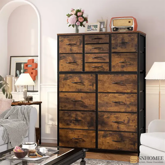 Tall Fabric Dresser for Bedroom with 16 Deep Drawers, Chests of Drawers for Bedroom, Living Room, Wood Top Metal Frame, Storage Drawer for Closet Entryway, Highboy-Furniture > Dresser-Brown-snhomee