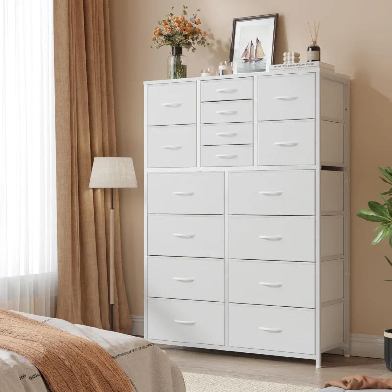 Tall Fabric Dresser for Bedroom with 16 Deep Drawers, Chests of Drawers for Bedroom, Living Room, Wood Top Metal Frame, Storage Drawer for Closet Entryway, Highboy-Furniture > Dresser-Brown-snhomee