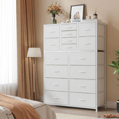 Tall Fabric Dresser for Bedroom with 16 Deep Drawers, Chests of Drawers for Bedroom, Living Room, Wood Top Metal Frame, Storage Drawer for Closet Entryway, Highboy-Furniture > Dresser-Brown-snhomee