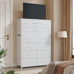 Tall Fabric Dresser for Bedroom with 16 Deep Drawers, Chests of Drawers for Bedroom, Living Room, Wood Top Metal Frame, Storage Drawer for Closet Entryway, Highboy-Furniture > Dresser-Brown-snhomee