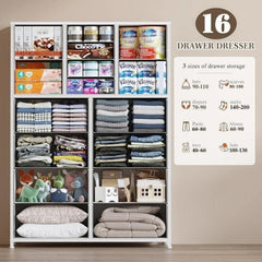 Tall Fabric Dresser for Bedroom with 16 Deep Drawers, Chests of Drawers for Bedroom, Living Room, Wood Top Metal Frame, Storage Drawer for Closet Entryway, Highboy-Furniture > Dresser-Brown-snhomee