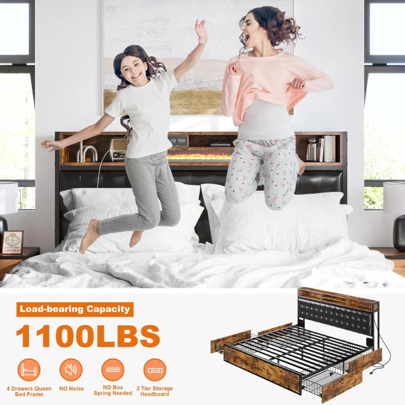 Metal Bed Frame with 4 Storage Drawers & Charging Station Upholstered Bed Frame-Bed Frame-Full-snhomee