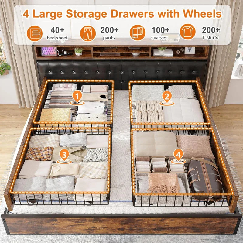 Metal Bed Frame with 4 Storage Drawers & Charging Station Upholstered Bed Frame-Bed Frame-Full-snhomee