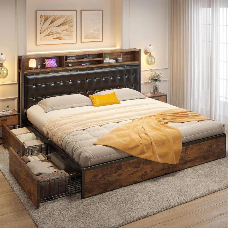Metal Bed Frame with 4 Storage Drawers & Charging Station Upholstered Bed Frame-Bed Frame-Full-snhomee
