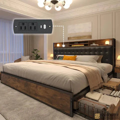 Metal Bed Frame with 4 Storage Drawers & Charging Station Upholstered Bed Frame-Bed Frame-King-snhomee