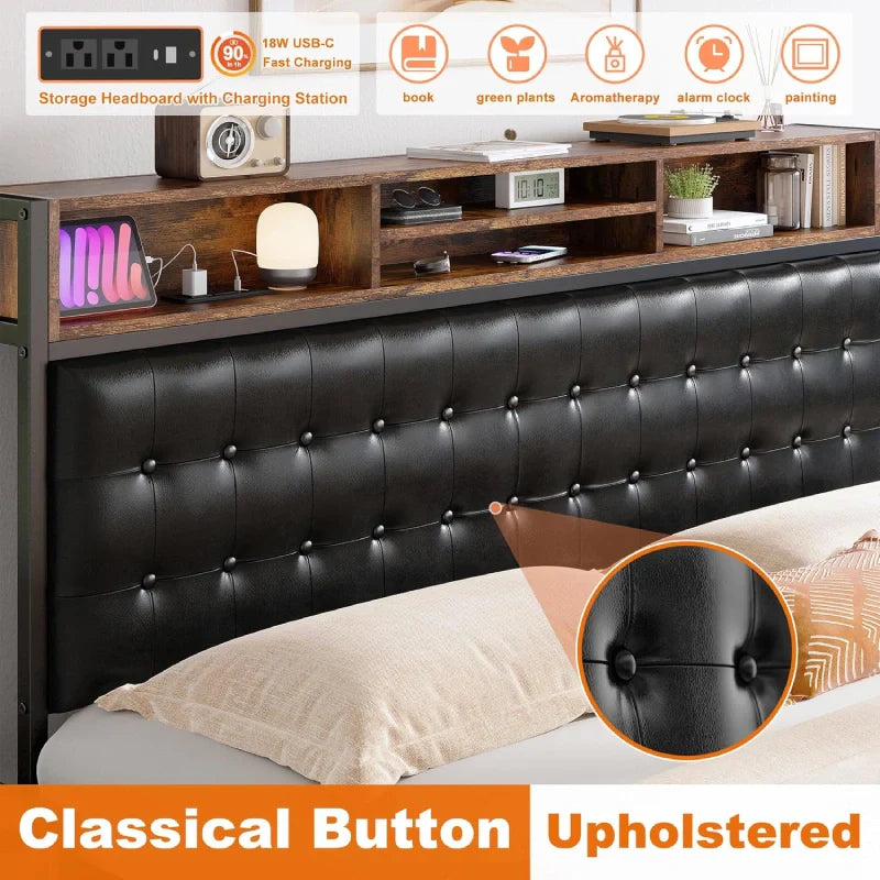 Metal Bed Frame with 4 Storage Drawers & Charging Station Upholstered Bed Frame-Bed Frame-Full-snhomee