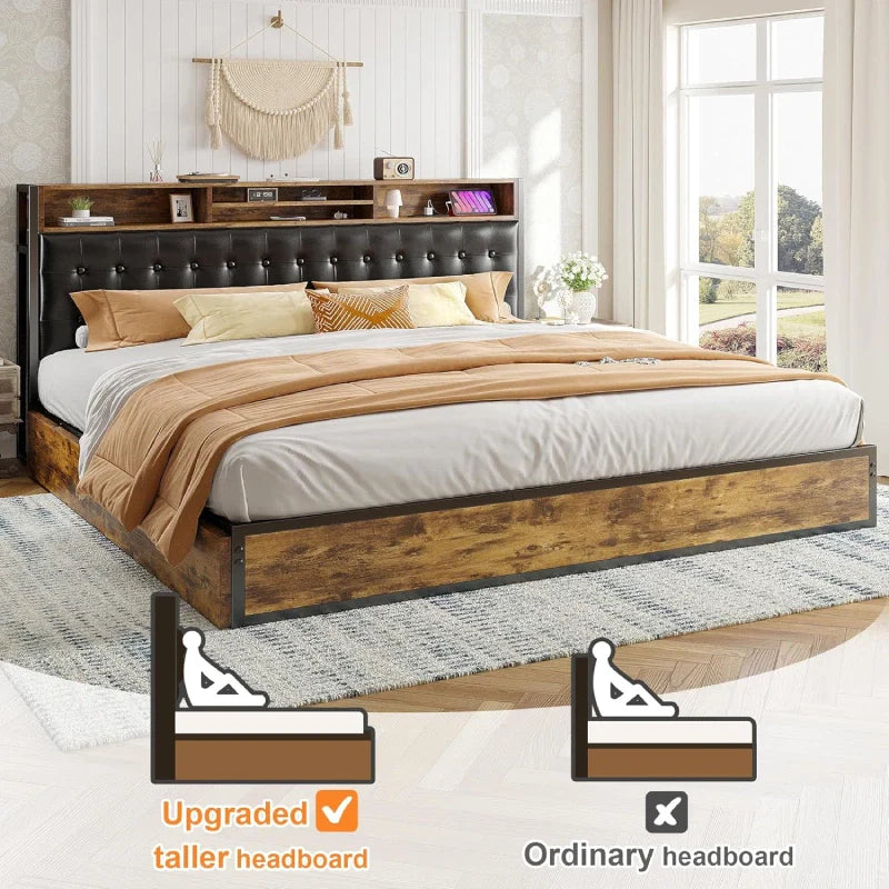 Metal Bed Frame with 4 Storage Drawers & Charging Station Upholstered Bed Frame-Bed Frame-Full-snhomee