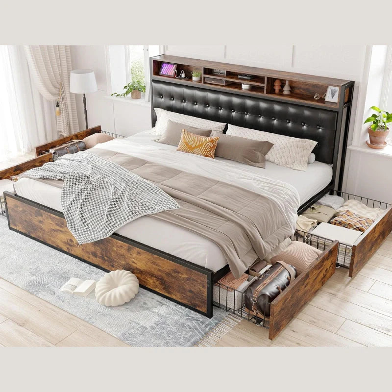 Metal Bed Frame with 4 Storage Drawers & Charging Station Upholstered Bed Frame-Bed Frame-Full-snhomee