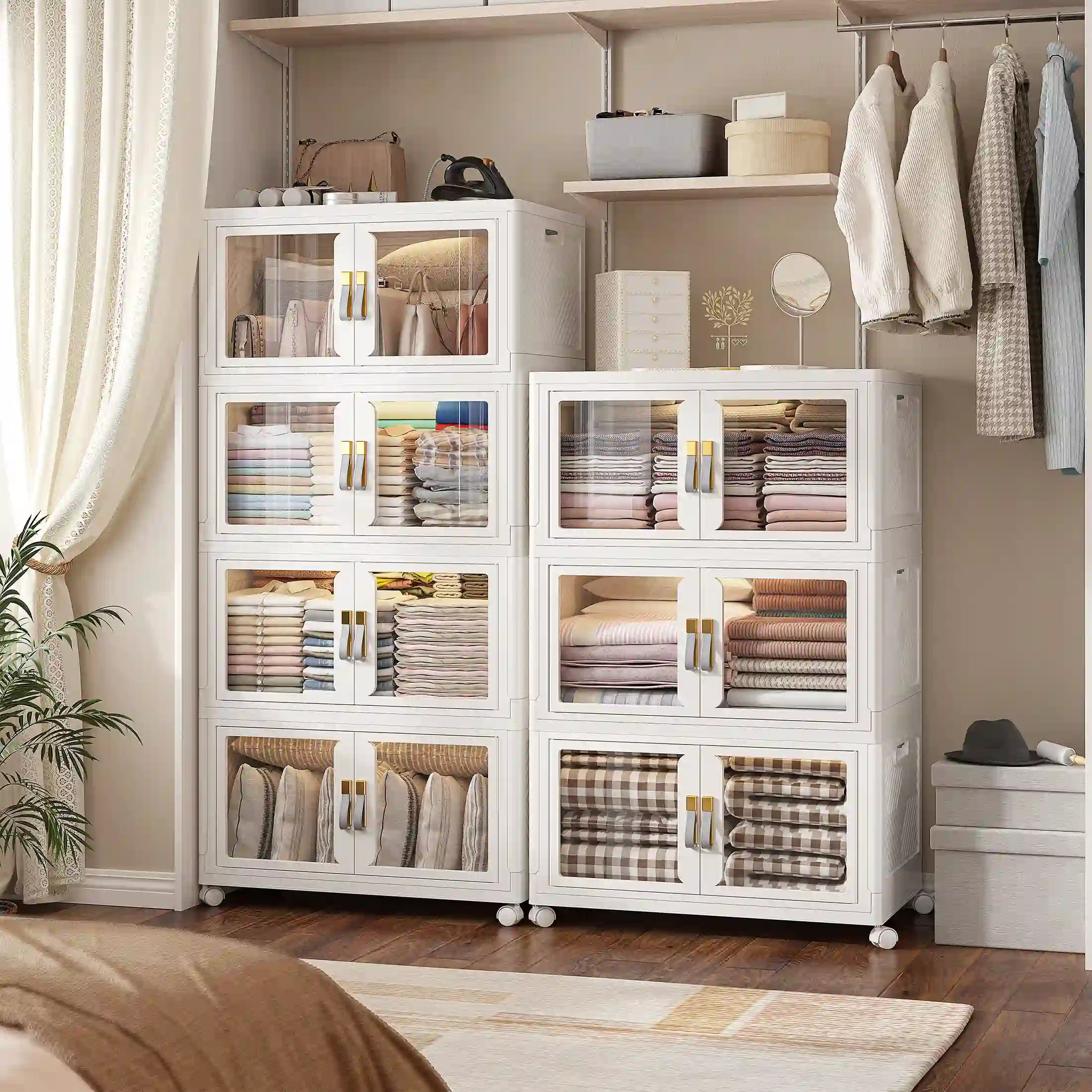 Snhomee Stackable Storage Bins with Wheels – Clear Dual-Door Magnetic, Large Multi-Shelf Container with Leather Handles, Seasonal Clothing Storage