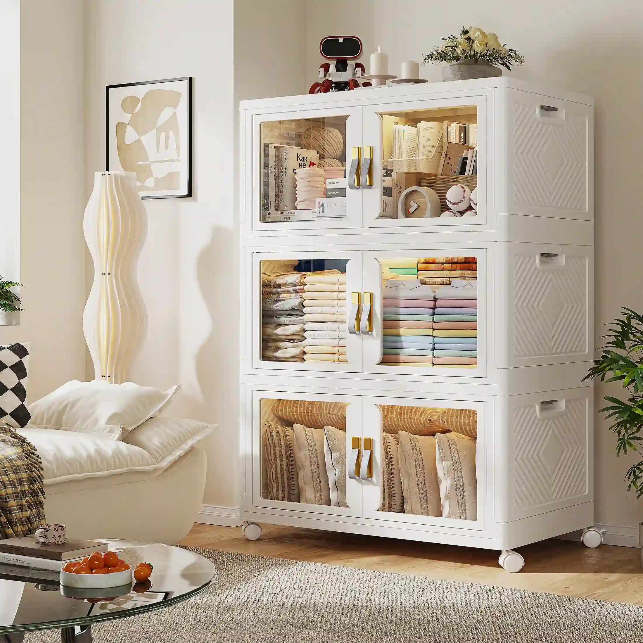 Snhomee Stackable Storage Bins with Wheels – Clear Dual-Door Magnetic, Large Multi-Shelf Container with Leather Handles, Seasonal Clothing Storage