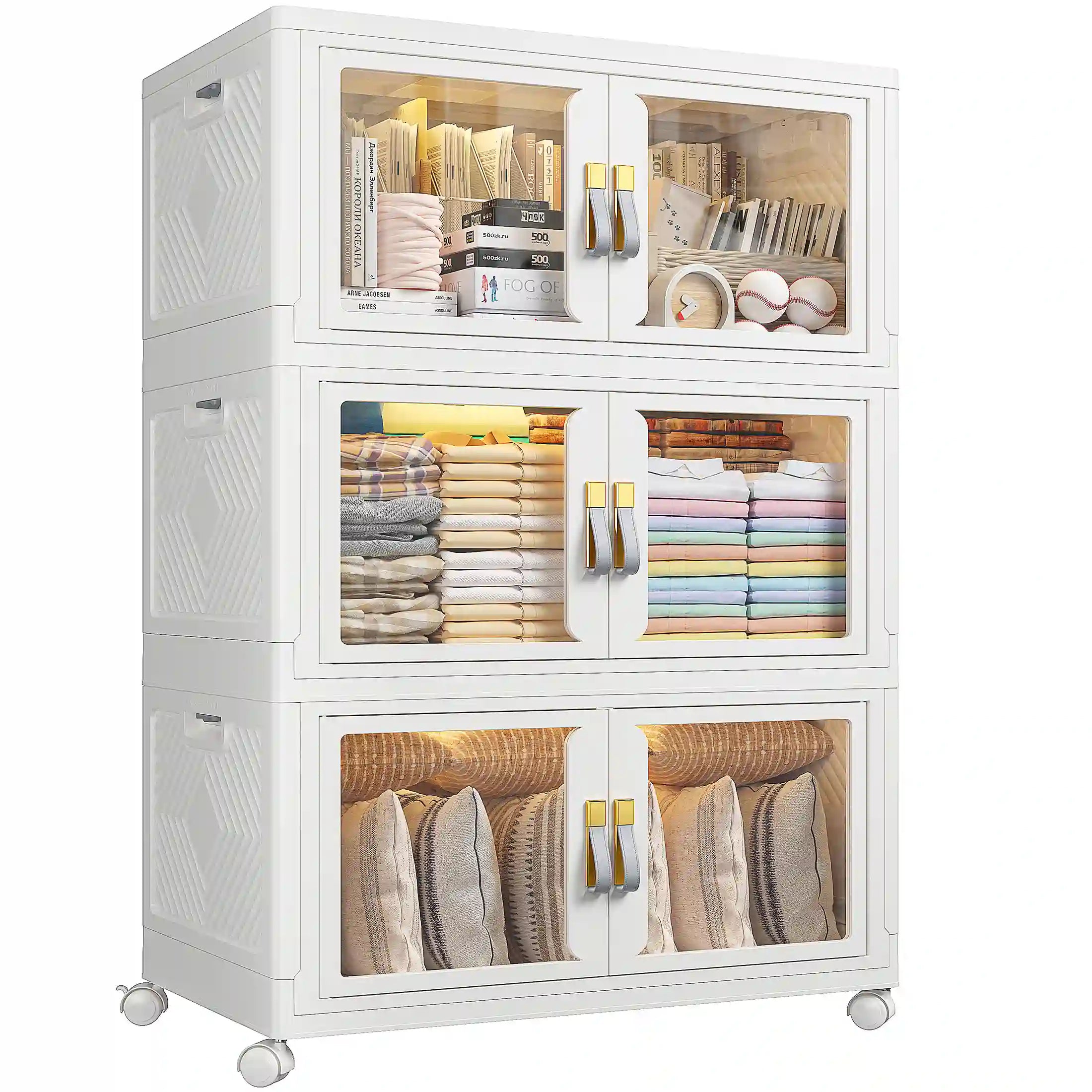 Snhomee Stackable Storage Bins with Wheels – Clear Dual-Door Magnetic, Large Multi-Shelf Container with Leather Handles, Seasonal Clothing Storage