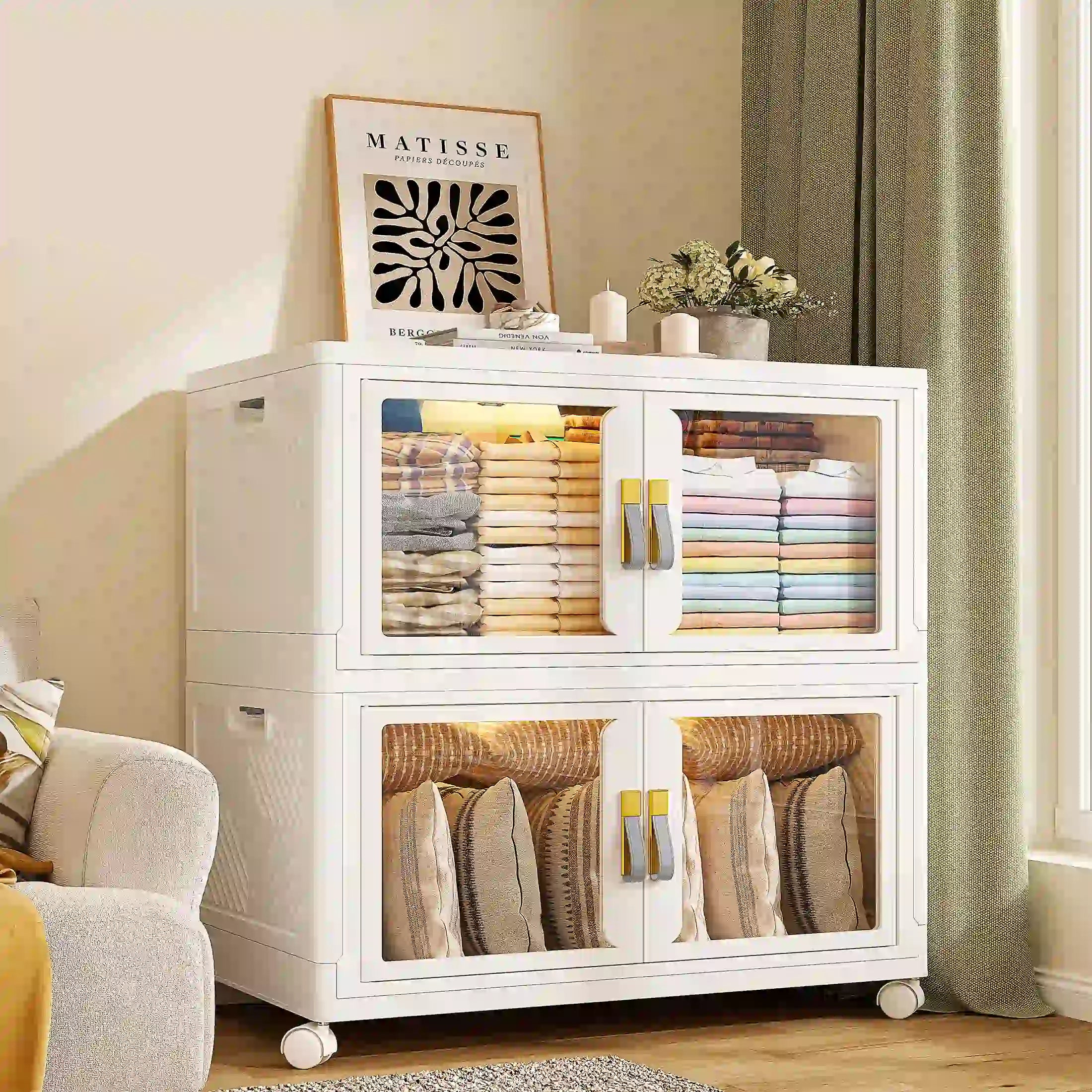 Snhomee Stackable Storage Bins with Wheels – Clear Dual-Door Magnetic, Large Multi-Shelf Container with Leather Handles, Seasonal Clothing Storage
