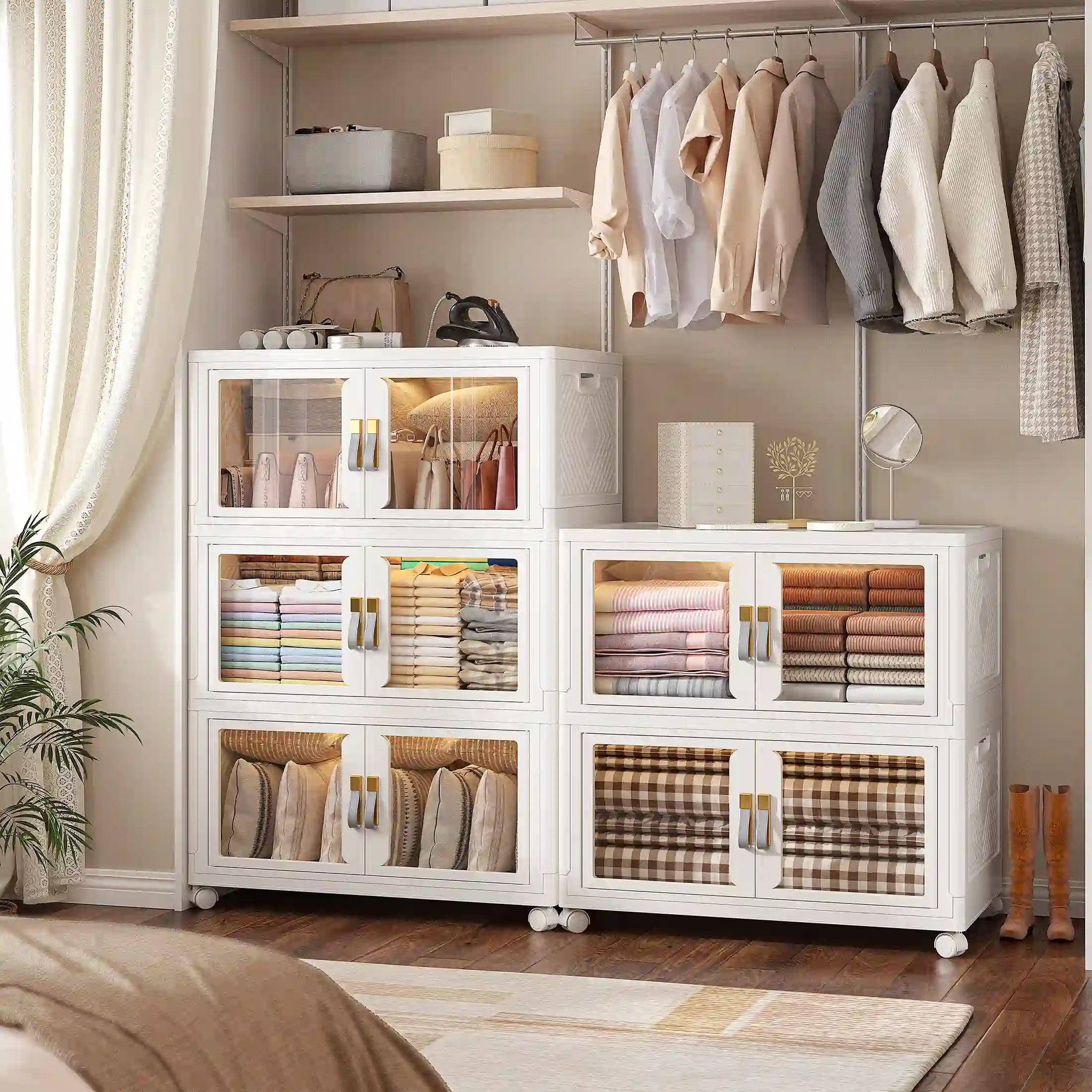 Snhomee Stackable Storage Bins with Wheels – Clear Dual-Door Magnetic, Large Multi-Shelf Container with Leather Handles, Seasonal Clothing Storage