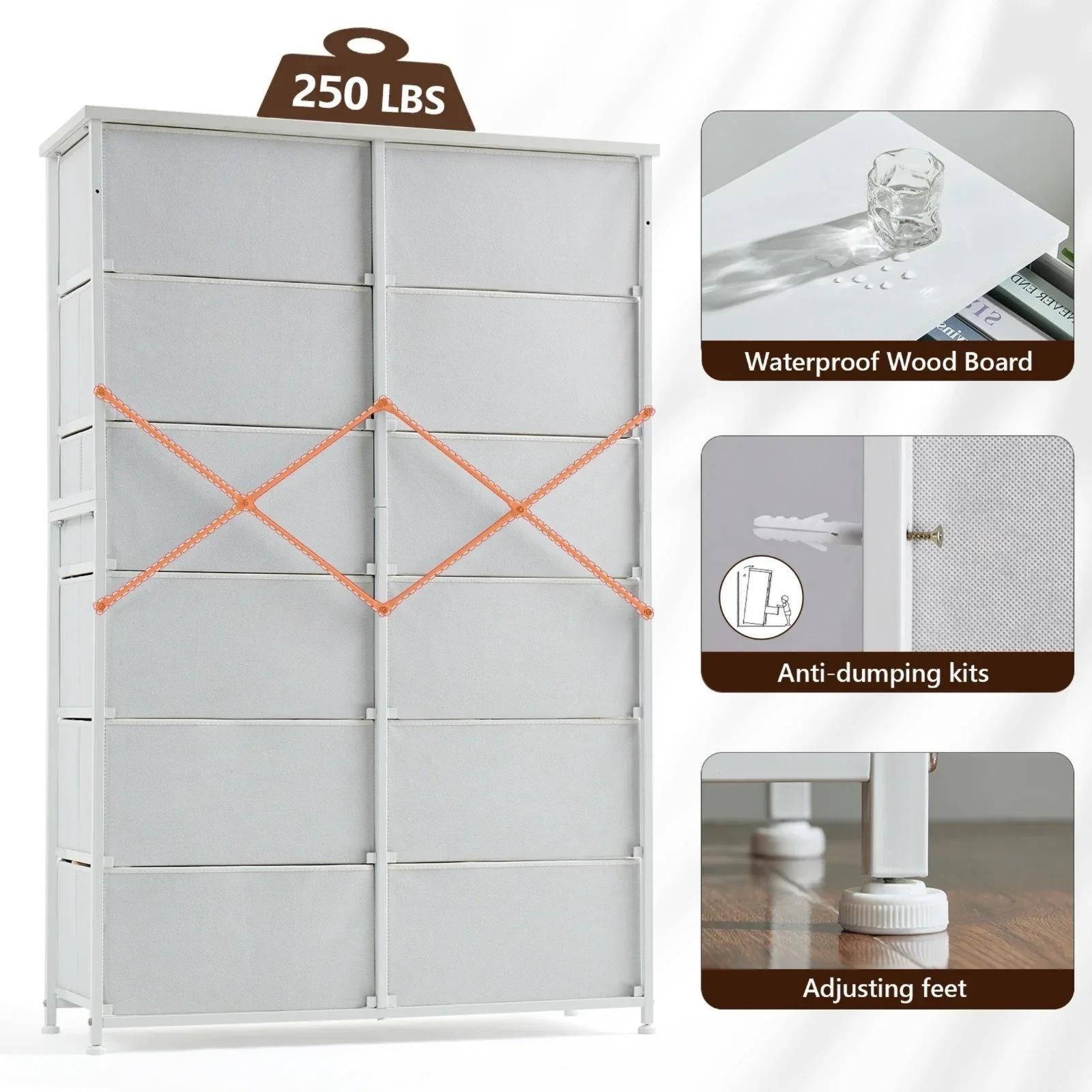 White Dresser for Bedroom with 12 Drawers, Dressers & Chest of Drawers, Fabric Dresser for Closet, Dressers & Chest of Drawers for Bedroom, Closet-Furniture > Dresser-snhomee