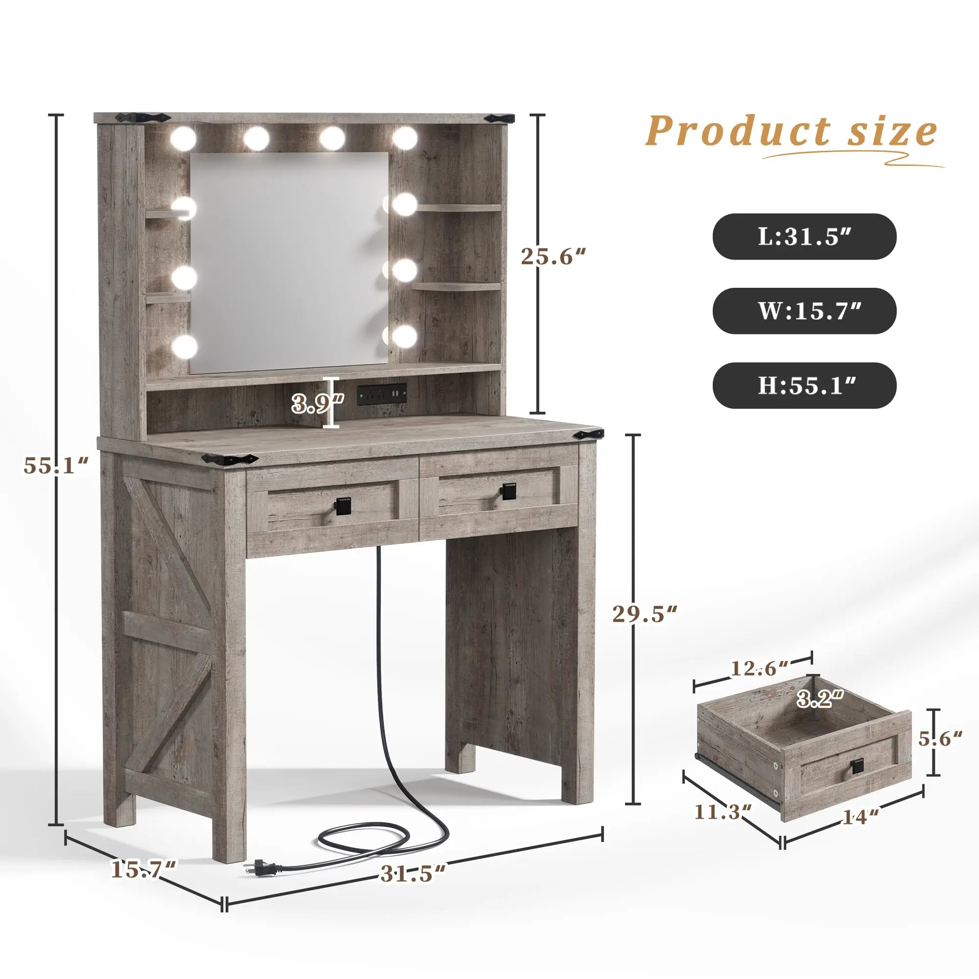 Snhomee 31.5"W Makeup Vanity Desk with LED Mirror & Charging Station – Adjustable 3-Color Lighting, Wooden Drawers & Shelves for Bedroom  or Dressing Room