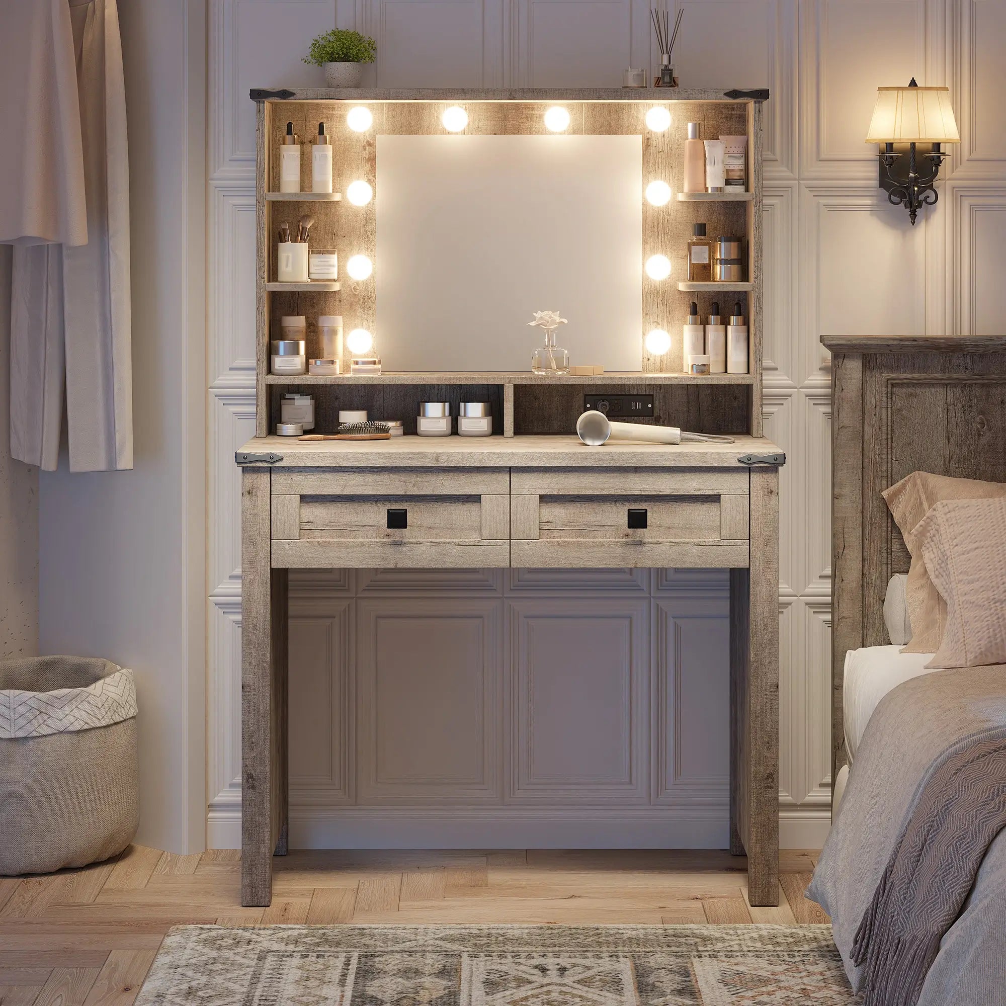 Snhomee 31.5"W Makeup Vanity Desk with LED Mirror & Charging Station – Adjustable 3-Color Lighting, Wooden Drawers & Shelves for Bedroom  or Dressing Room