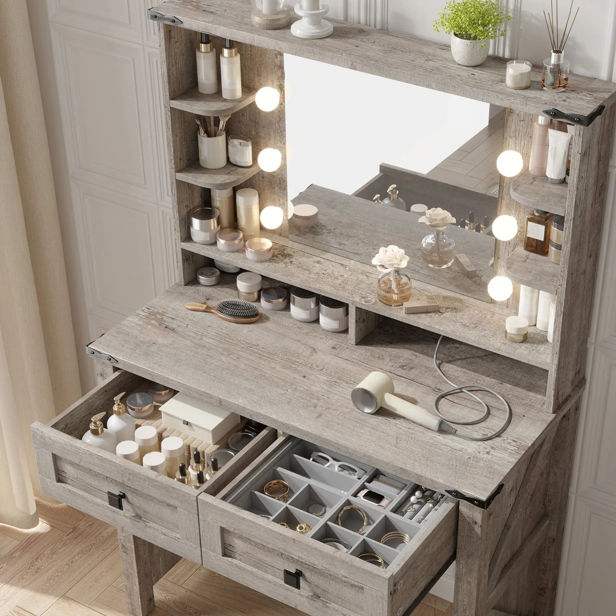 Snhomee 31.5"W Makeup Vanity Desk with LED Mirror & Charging Station – Adjustable 3-Color Lighting, Wooden Drawers & Shelves for Bedroom  or Dressing Room