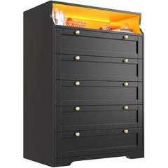 48"H 5-Drawer Wood Dresser and Chest with LED Lights for Bedroom-Clothing & Closet Storage-31.3"L x 15.7"W x 48.5"H-Black-snhomee