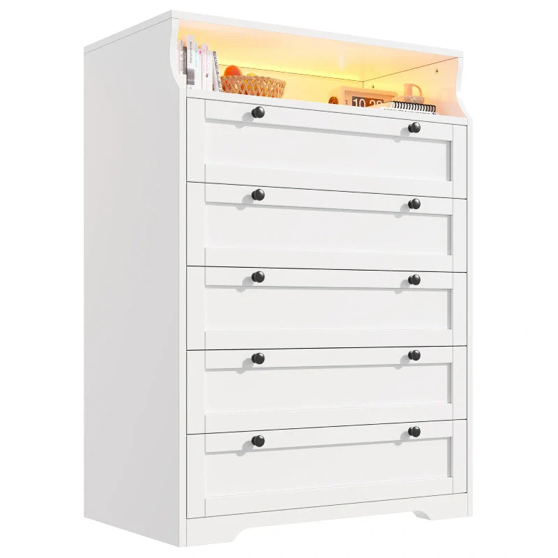 48"H 5-Drawer Wood Dresser and Chest with LED Lights for Bedroom-Clothing & Closet Storage-31.3"L x 15.7"W x 48.5"H-White-snhomee