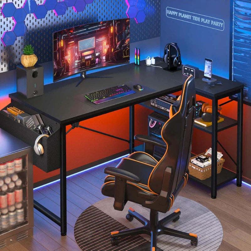 Snhomee L-Shaped Computer Desk with Storage& Power Outlets, Corner Gaming Desk, Home Office Desk for Writing Bedoom Dorm