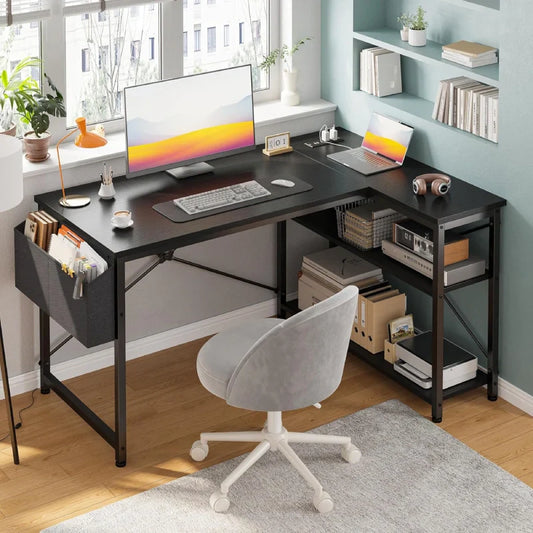 Snhomee L-Shaped Computer Desk with Storage& Power Outlets, Corner Gaming Desk, Home Office Desk for Writing Bedoom Dorm 800