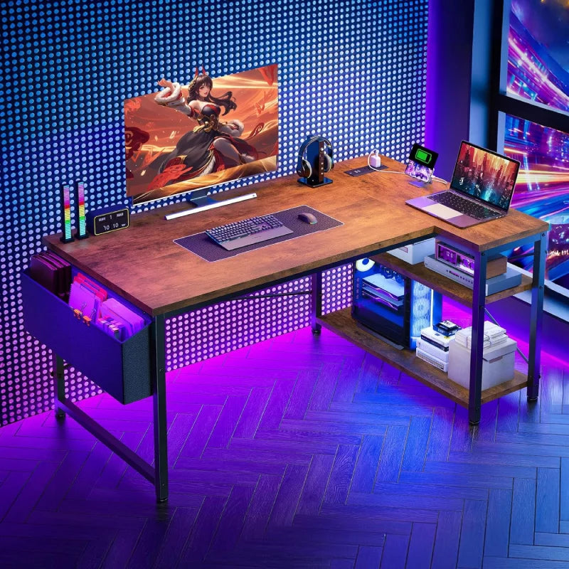 L-Shaped Computer Desk with Built-In Power Outlets & Storage – Reversible Corner Design, X-Frame Support for Home Office, Gaming, and Bedroom