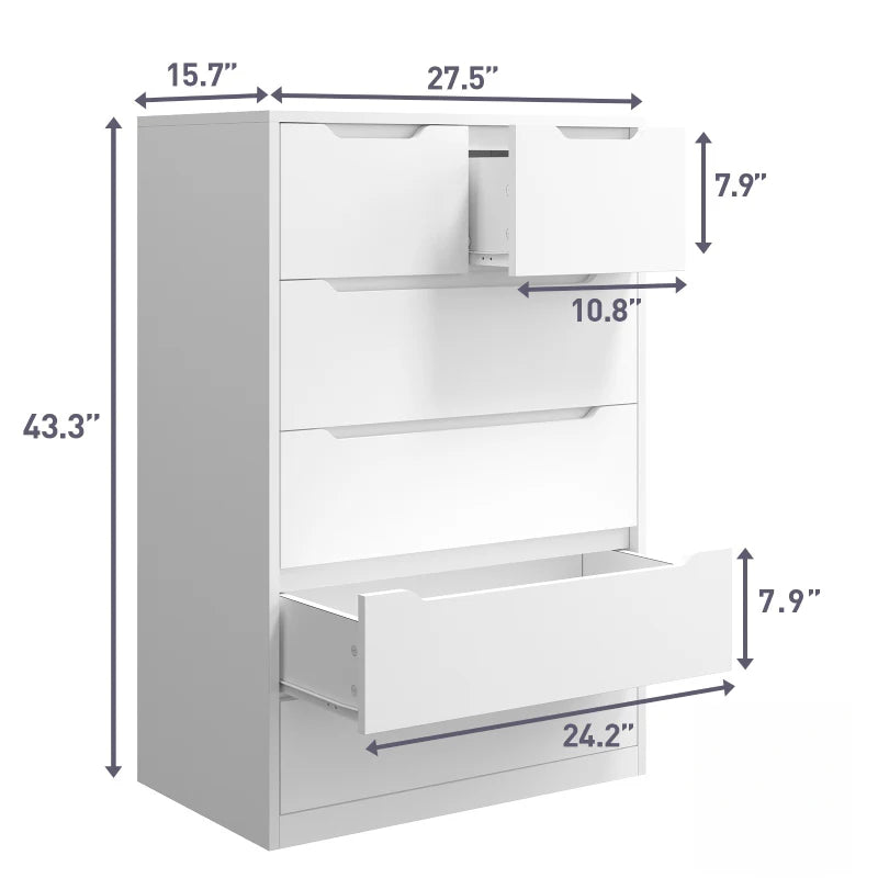6-Drawer White Tall Wood Dresser 43.3"H Bedroom Wood Dresser for Closet-Furniture > Dresser-snhomee