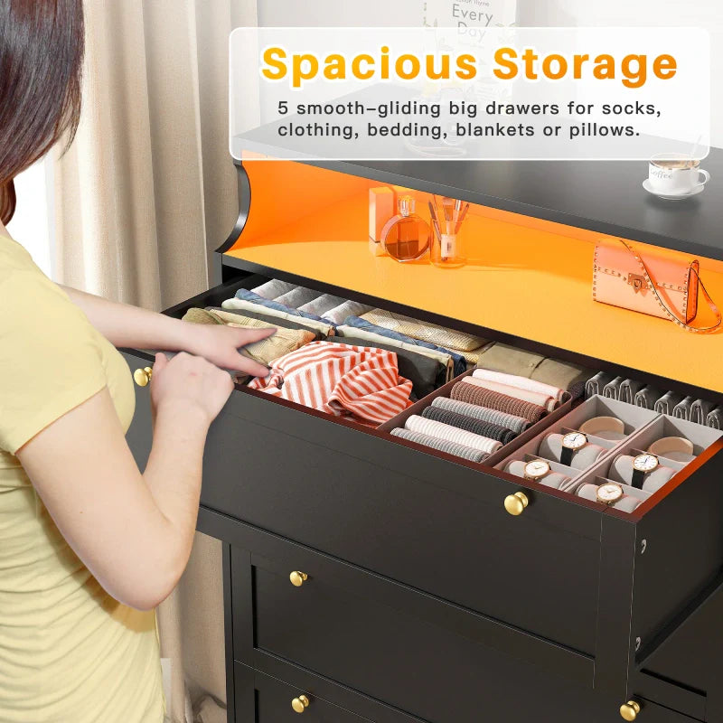 48"H 5-Drawer Wood Dresser and Chest with LED Lights for Bedroom-Clothing & Closet Storage-31.3"L x 15.7"W x 48.5"H-Black-snhomee