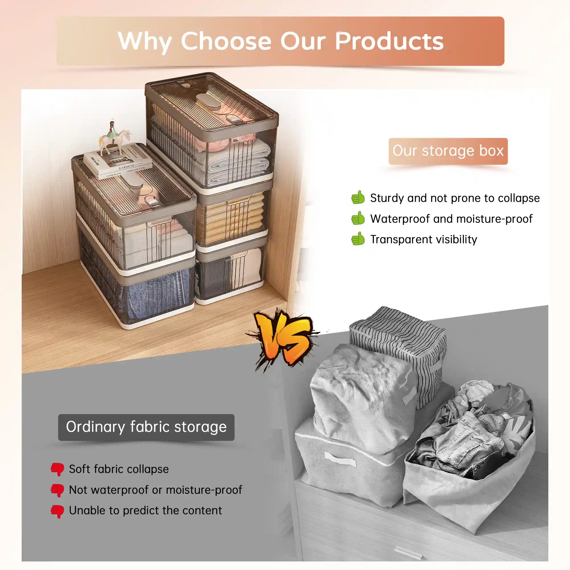 13.2" Stackable Foldable Storage Bins with Lids – Space-Saving & Easy to Use for Toys, Clothes
