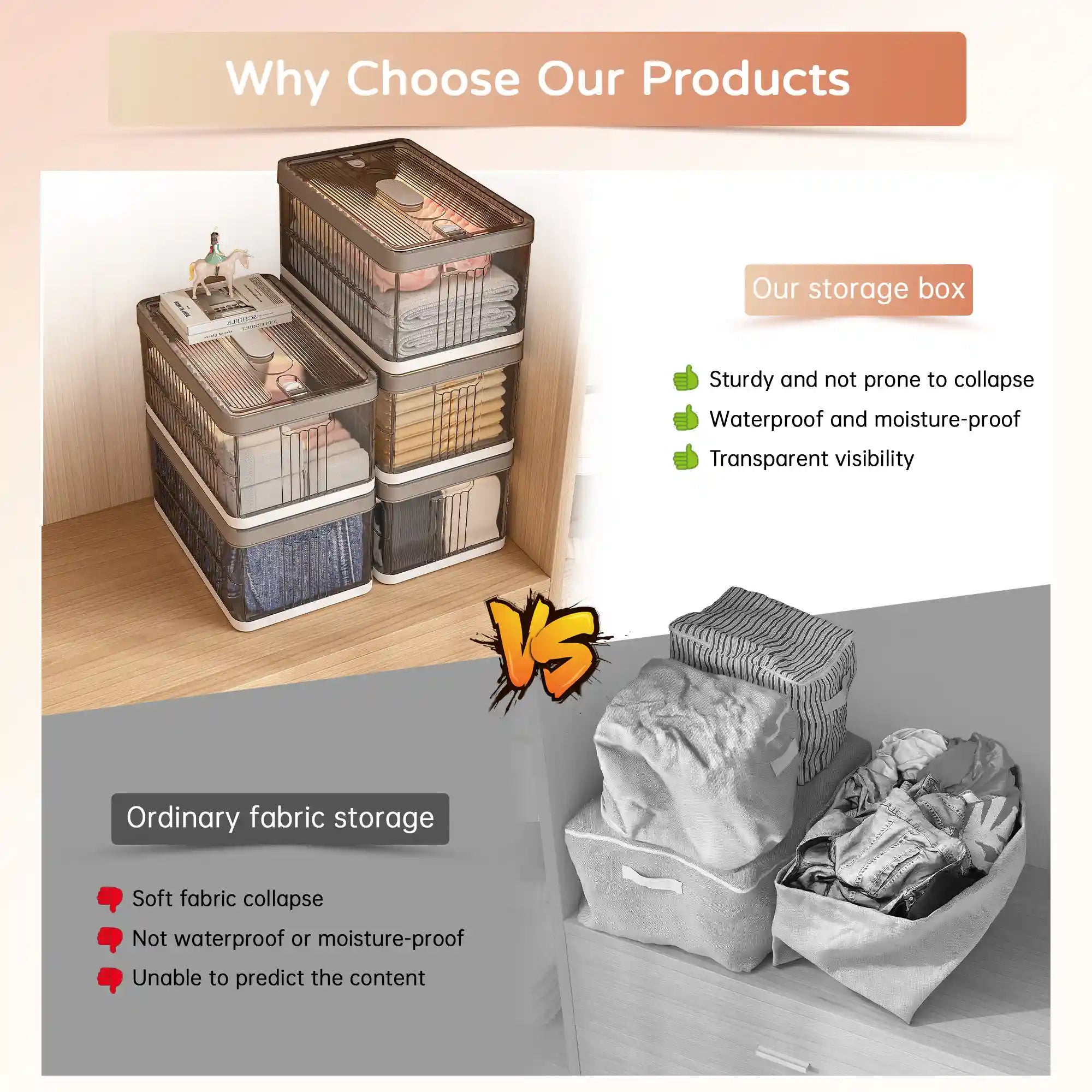 13.2" Stackable Foldable Storage Bins with Lids – Space-Saving & Easy to Use for Toys, Clothes