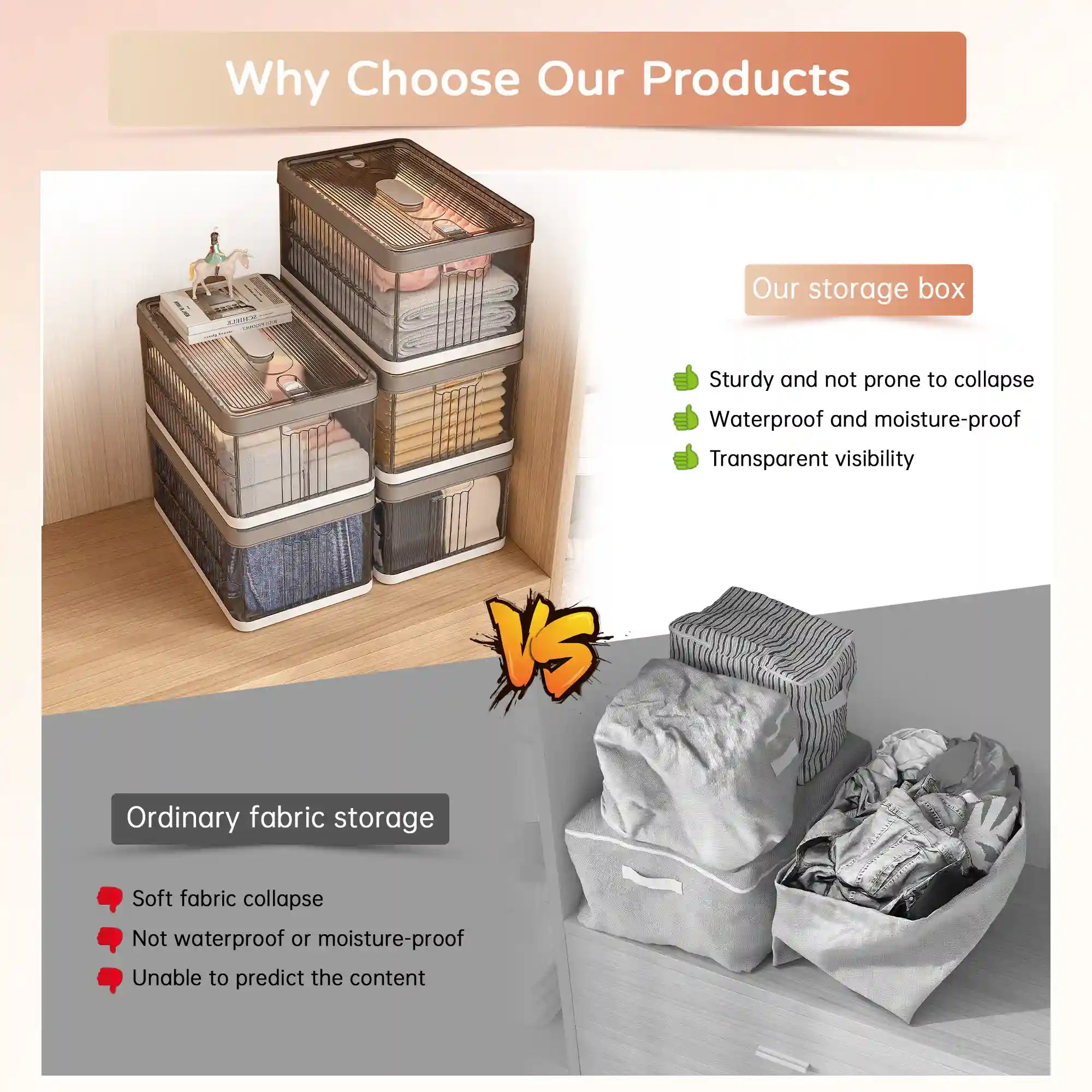 13.2" Stackable Foldable Storage Bins with Lids – Space-Saving & Easy to Use for Toys, Clothes