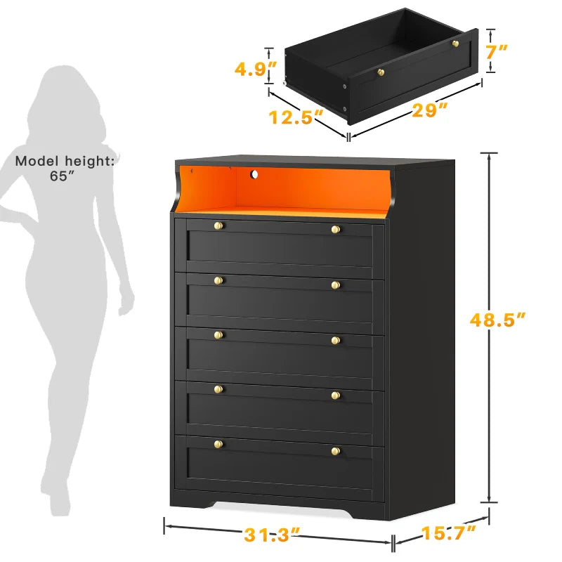 48"H 5-Drawer Wood Dresser and Chest with LED Lights for Bedroom-Clothing & Closet Storage-31.3"L x 15.7"W x 48.5"H-Black-snhomee