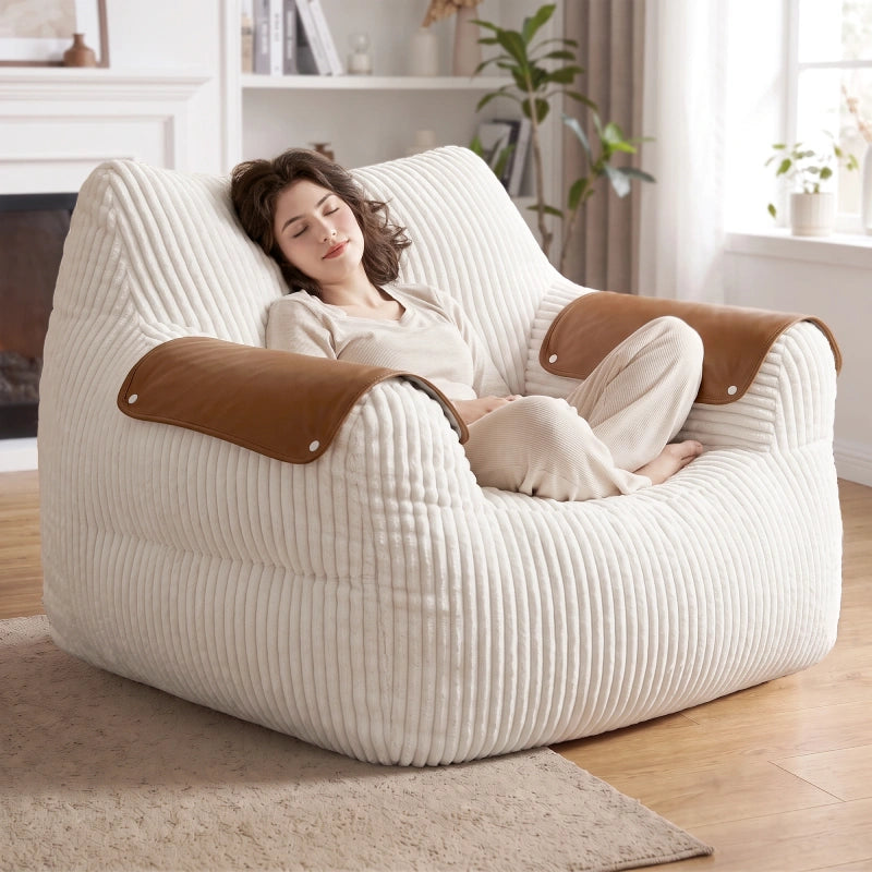 Snhomee Large Fluffy Bean Bag Chair for Adults, Striped Corduroy Bean Bag Sofa with PU Leather Armrest, Comfy Lounge Couch for Bedroom & Dorm