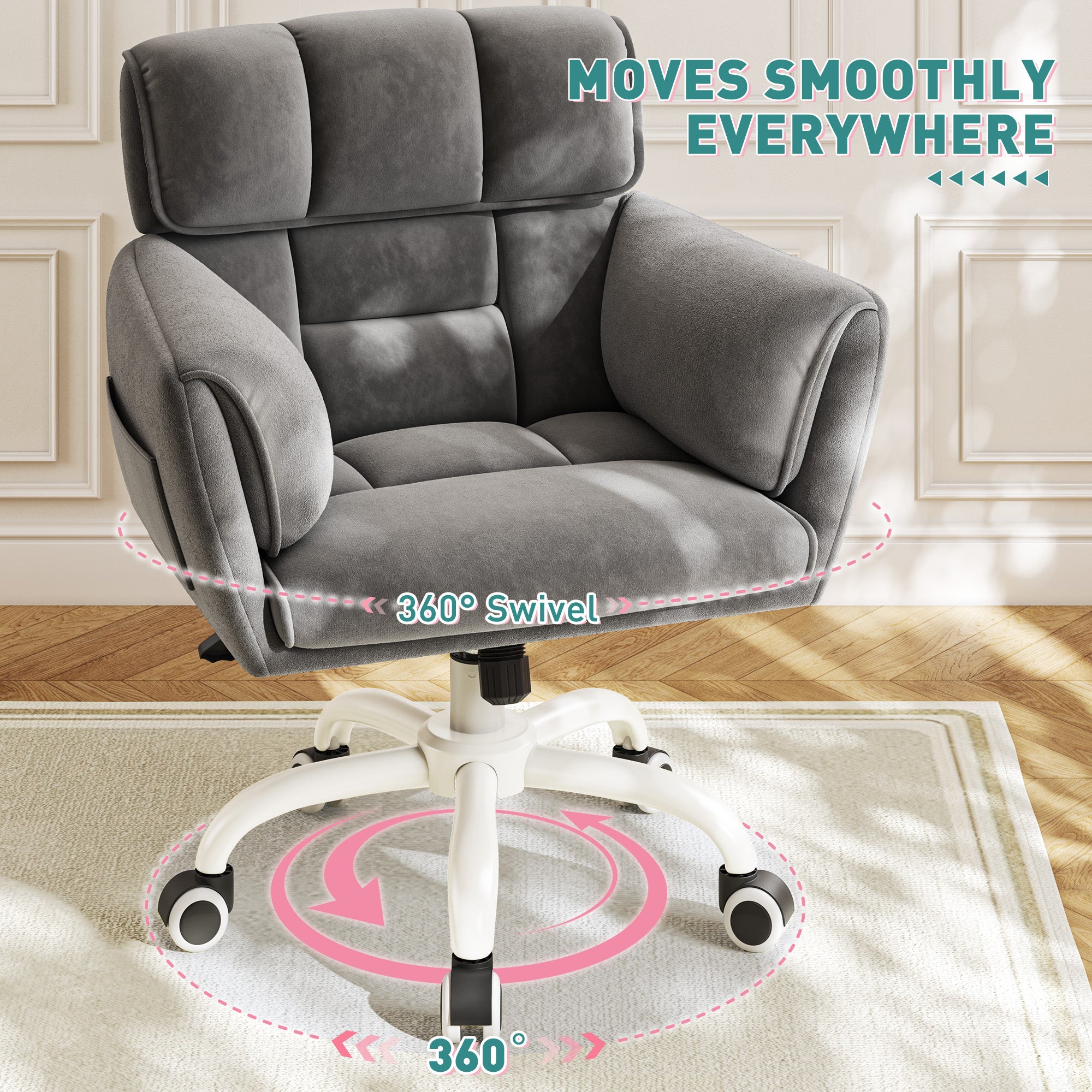 Modern Adjustable Vanity Chair with Wheels | Skin-Friendly Upholstery & Side Pockets | Bedroom Makeup Seat | Home Office Chair-Beige-snhomee