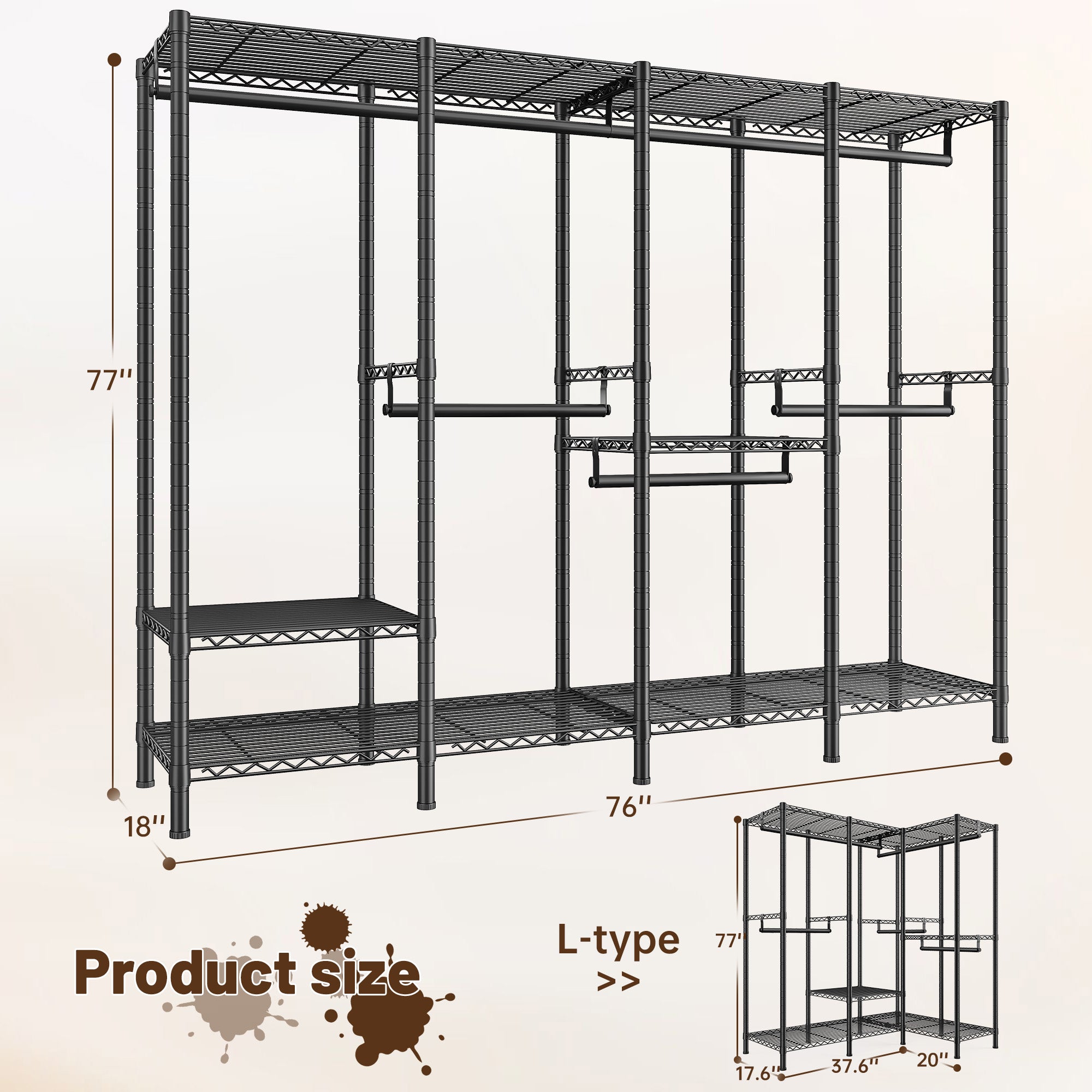 Snhomee 77"H 1150LBS Heavy Duty Clothes Rack With Shelves ,Adjustable Closet Organizer Hanging, Commercial-Grade Metal Frame, Multi-Configurable for Closet/Dorm