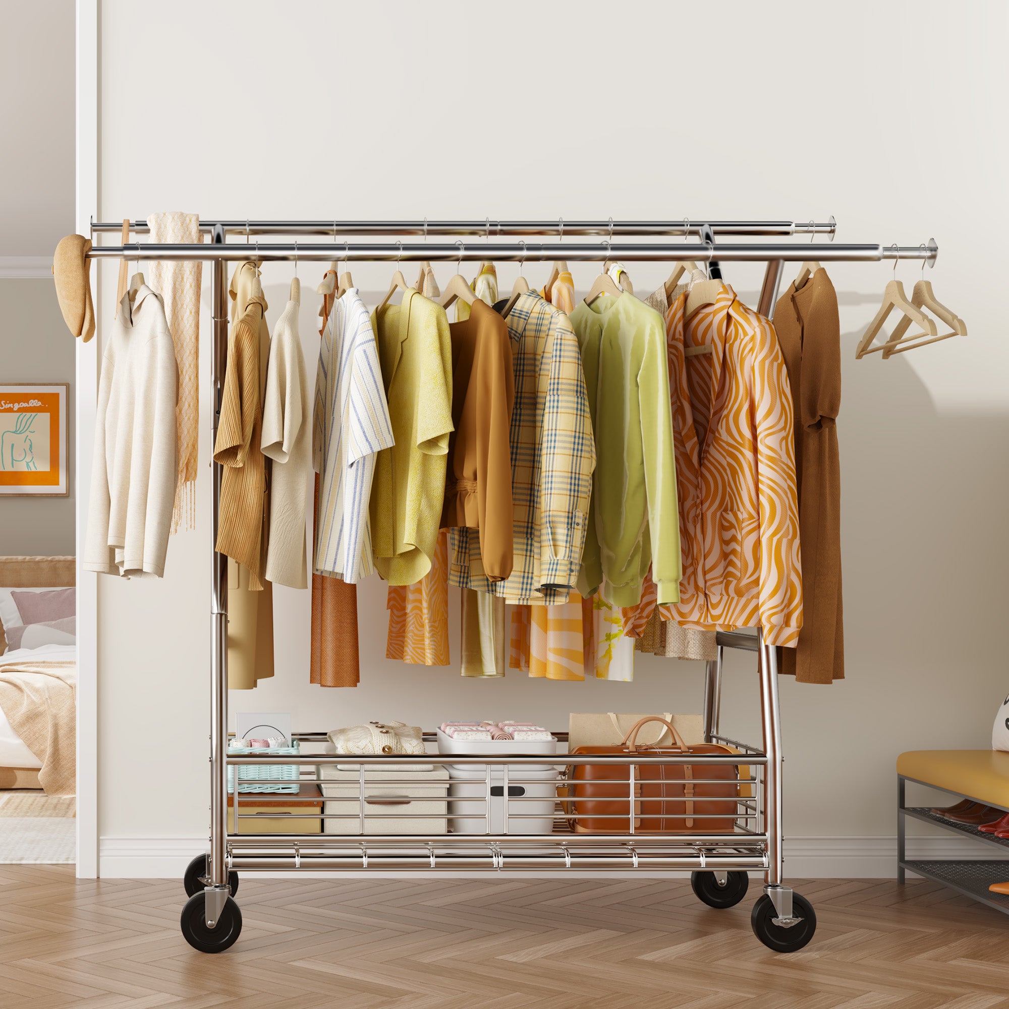 Snhomee 630 lbs Heavy Duty Rolling Garment Rack with Shelves, 70"H  Space-Saving Commercial Clothing Rack for Bedroom, Closet, Laundry, Commercial