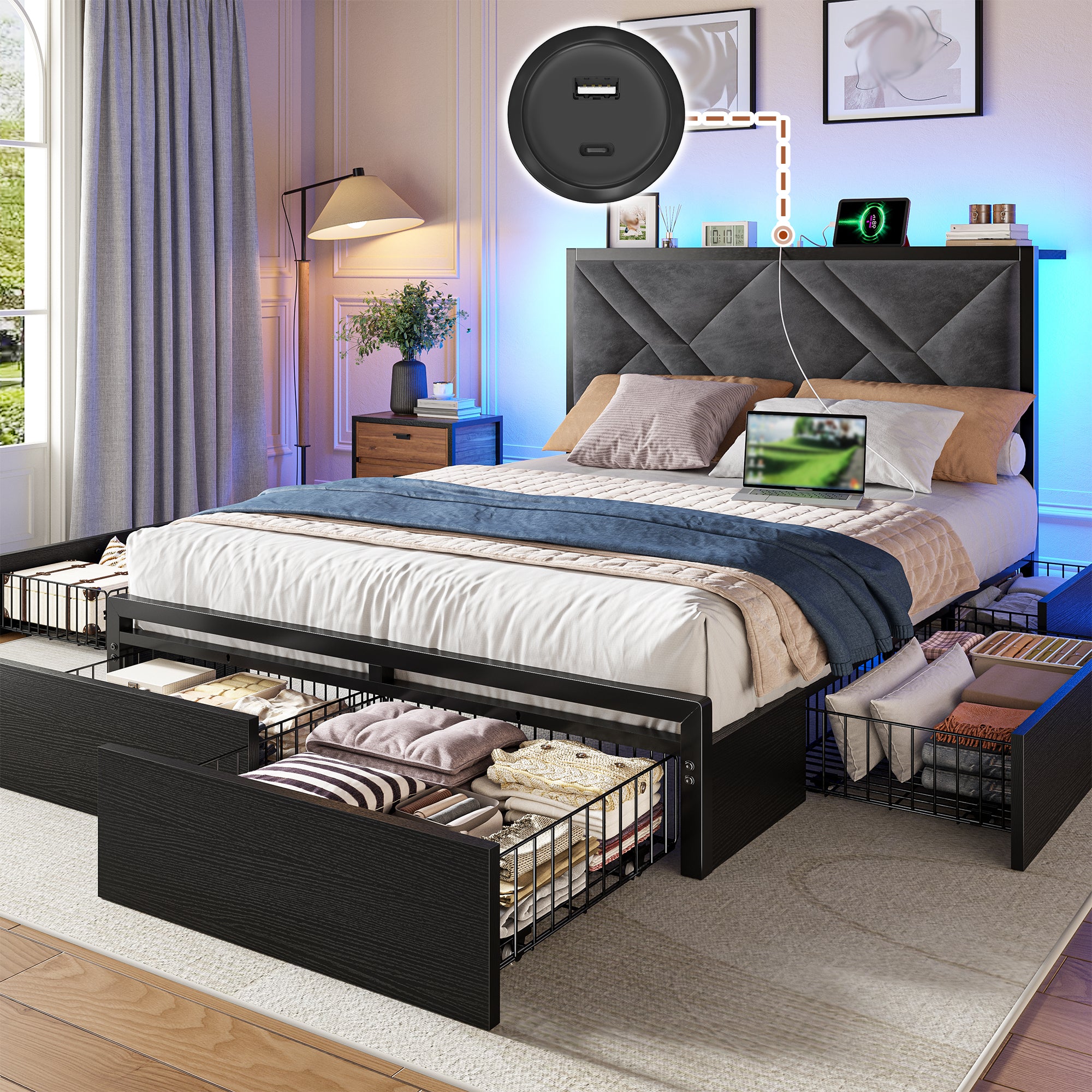 Bed Frame with Bed Frame with  and 6 Storage Drawers, Bed Frame with Upholstered Headboard Built in Charging Station,Noise-Free,Easy Assembly