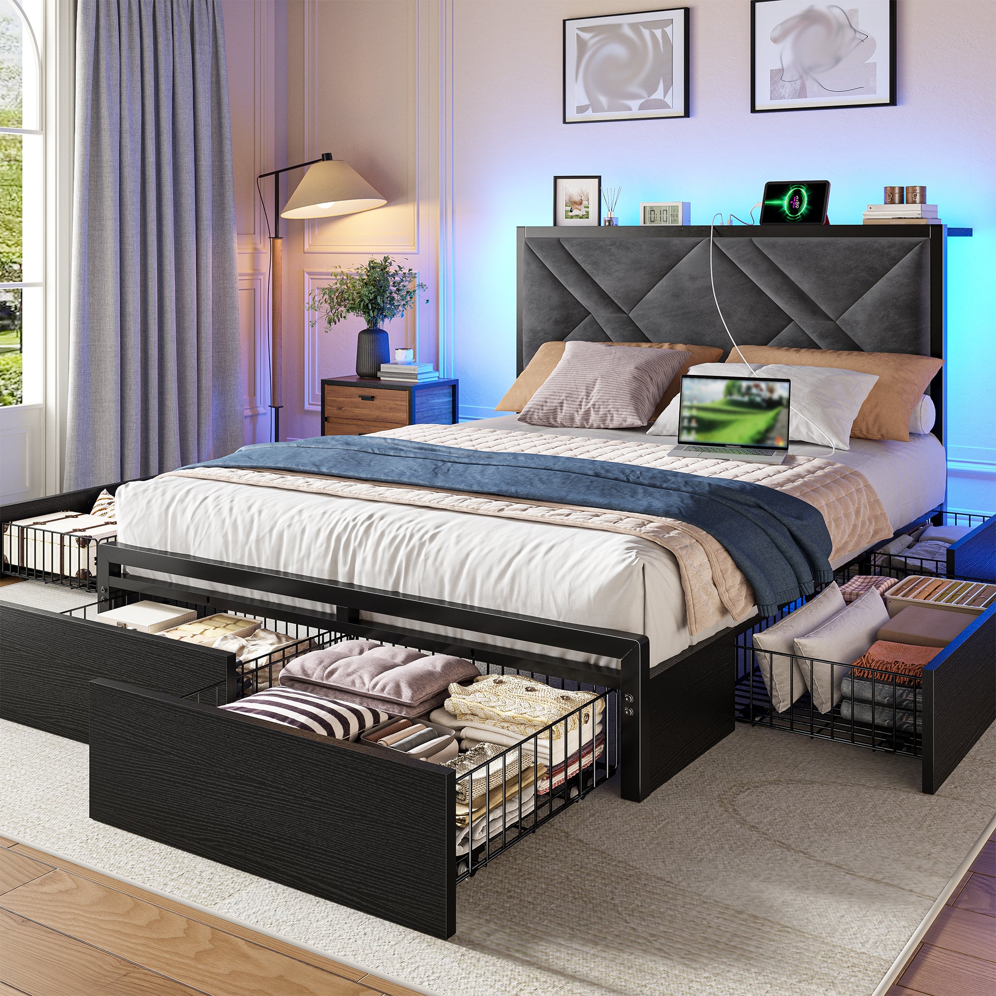 Bed Frame with Bed Frame with  and 6 Storage Drawers, Bed Frame with Upholstered Headboard Built in Charging Station,Noise-Free,Easy Assembly