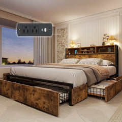 Wooden bed with storage drawers in a bedroom setting