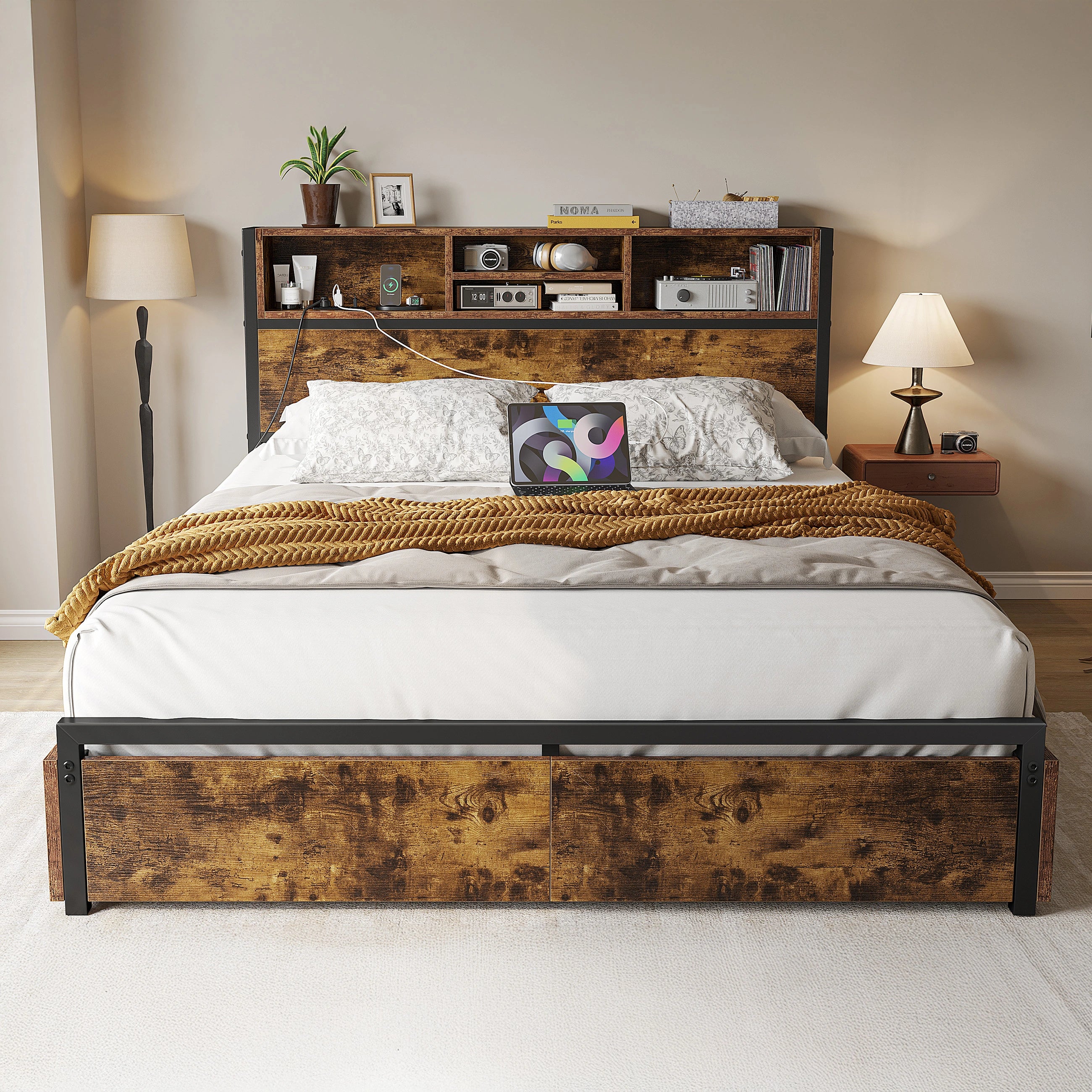 Wooden bed with bookshelf headboard in a bedroom setting