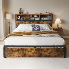 Wooden bed with bookshelf headboard in a bedroom setting