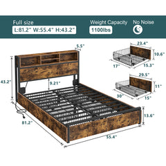 Wooden bed frame with dimensions and specifications on a white background