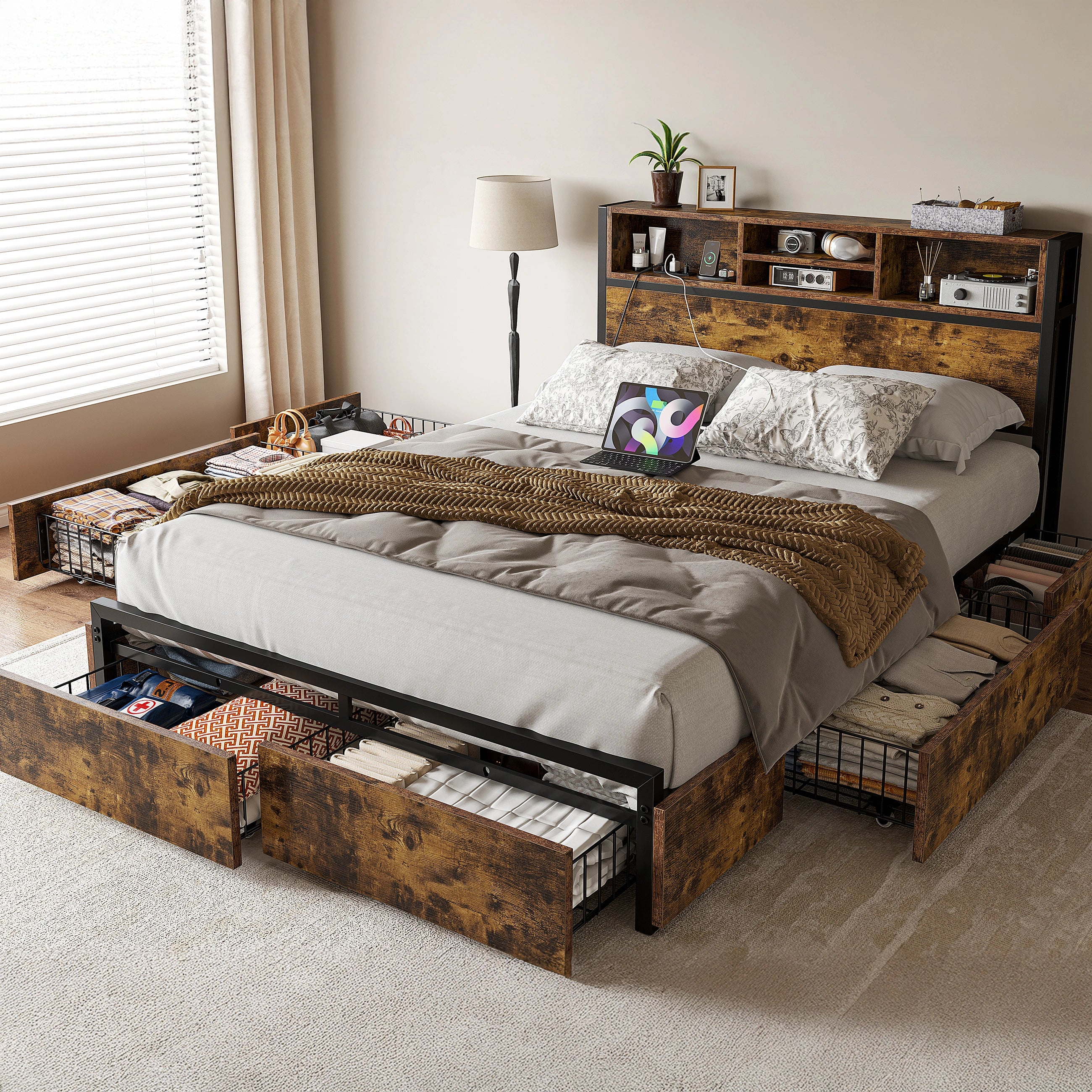 Wooden bed with storage drawers in a bedroom setting