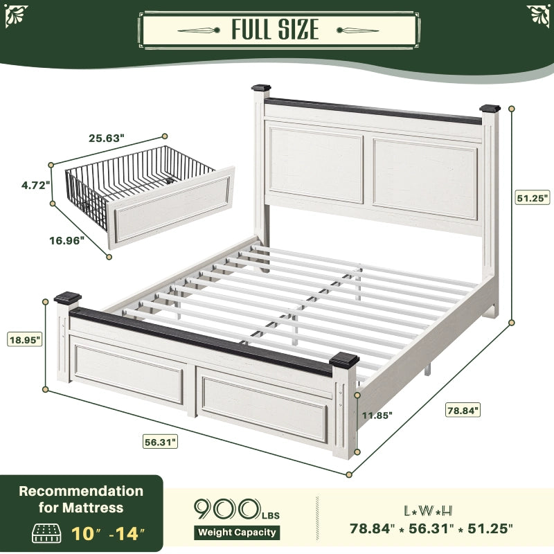 Snhomee Bed Frame with 51.25" H Headboard and Storage Drawers, Modern Bed Frame with Storage ,NO Noise, No Box Spring Needed, White