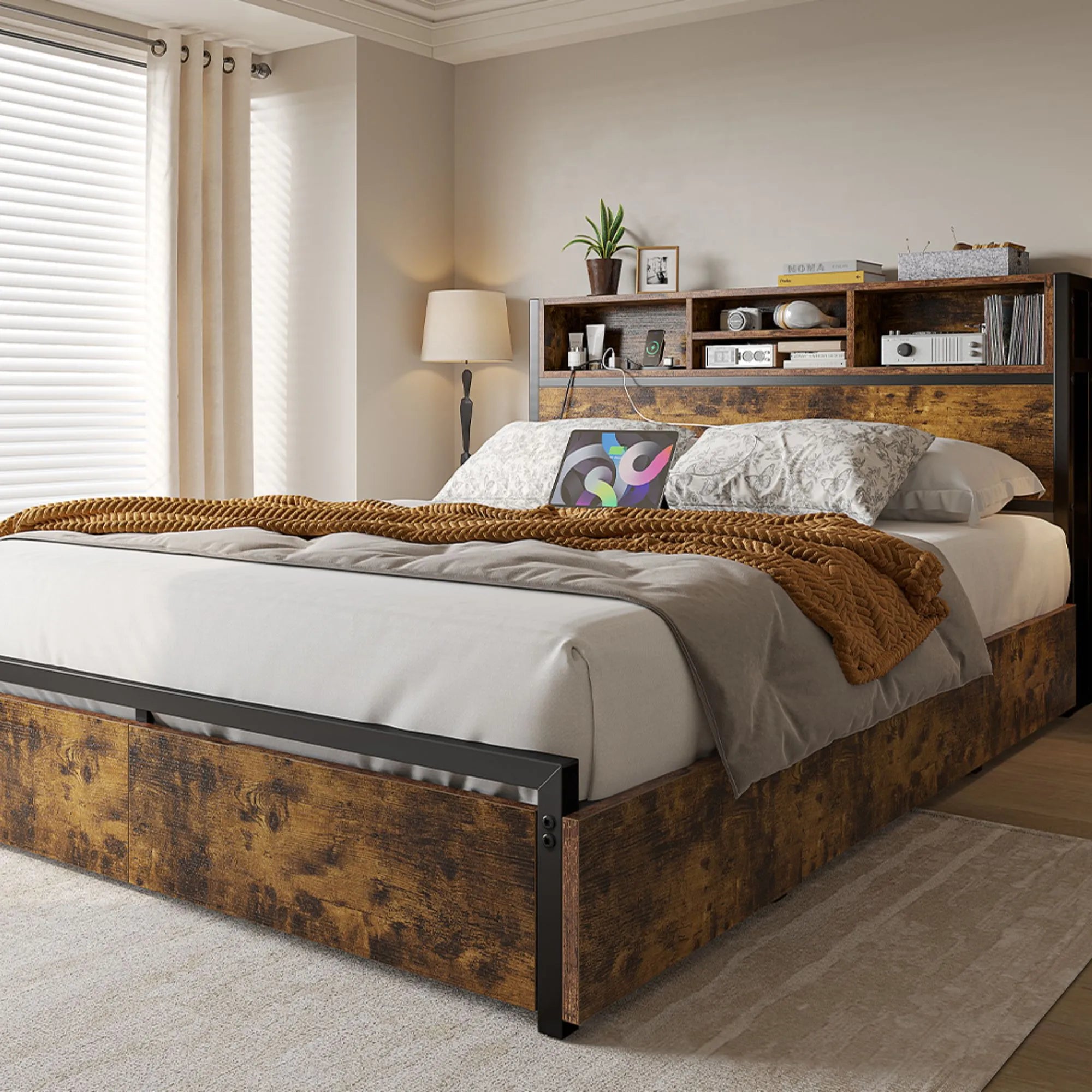 Snhomee Metal Bed Frame with 6 Storage Drawers & Charging Station - No Noise, No Box Spring Frames, 1100LBS Capacity, Storage Headboard, Vintage Brown